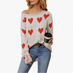 6 Pairs Off Shoulder Knitted Long Sleeve Hearts Printed Pullovers Sweater